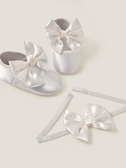 Monsoon Cream Baby Satin Bow Headband & Booties Set - Image 3 of 3