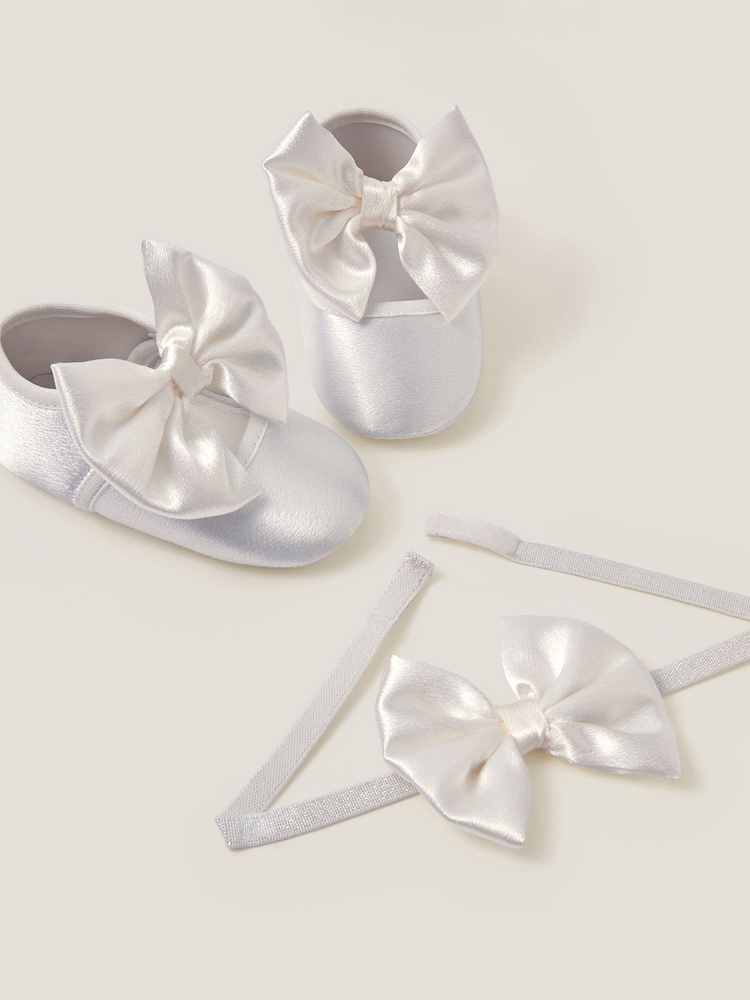 Monsoon Cream Baby Satin Bow Headband & Booties Set - Image 3 of 3