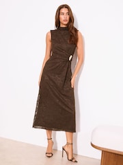 Lipsy Chocolate Brown Lace Aysmmetrical Hem Gold Hardware Cinched Waist Midi Dress - Image 1 of 5
