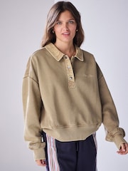 Green Popper Neck Washed Rugby Sweat Top - Image 1 of 5
