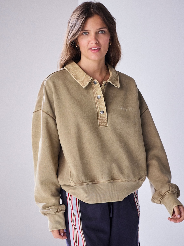 Green Popper Neck Washed Rugby Sweat Top - Image 1 of 5