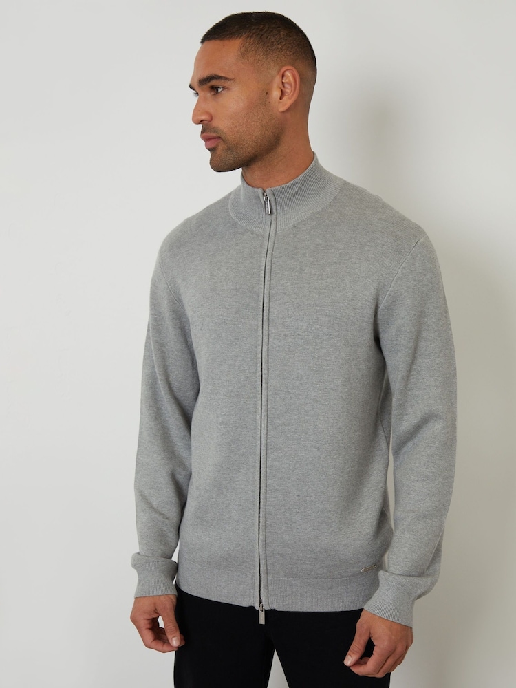 Threadbare Light Grey Zip-Through Funnel Neck Knitted Cardigan - Image 1 of 5 Threadbare Light Grey Zip-Through Funnel Neck Knitted Cardigan - Image 1 of 5