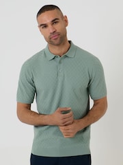 Threadbare Green Basket Stitch Knitted Polo Shirt - Image 1 of 4