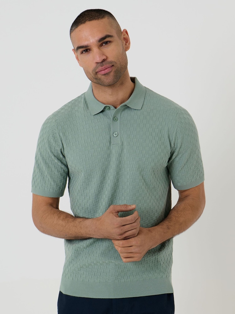 Threadbare Green Basket Stitch Knitted Polo Shirt - Image 1 of 4