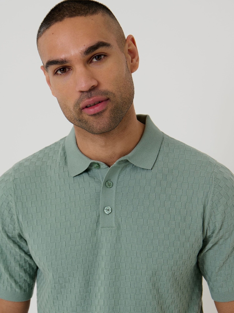 Threadbare Green Basket Stitch Knitted Polo Shirt - Image 4 of 4