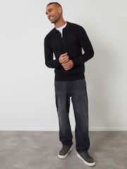 Threadbare Black Textured Knit Quarter Zip Polo Jumper - Image 3 of 6