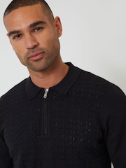 Threadbare Black Textured Knit Quarter Zip Polo Jumper - Image 4 of 6
