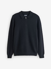 Threadbare Black Textured Knit Quarter Zip Polo Jumper - Image 6 of 6