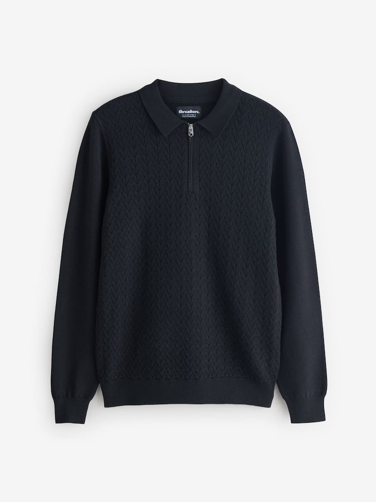 Threadbare Black Textured Knit Quarter Zip Polo Jumper - Image 6 of 6