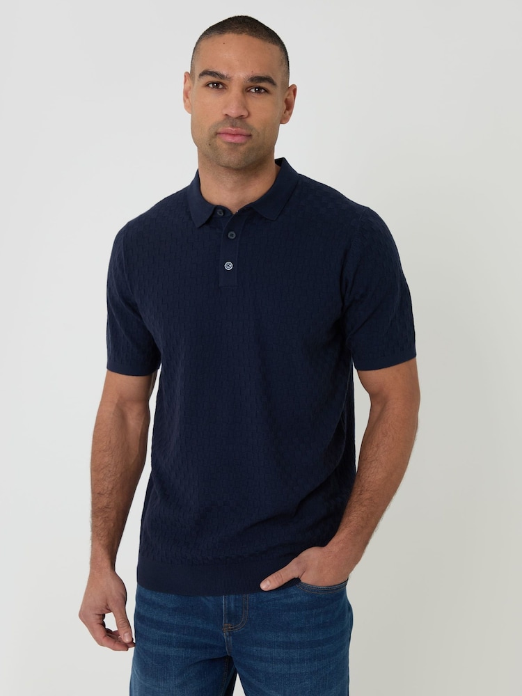 Threadbare Blue Basket Stitch Knitted Polo Shirt - Image 1 of 4