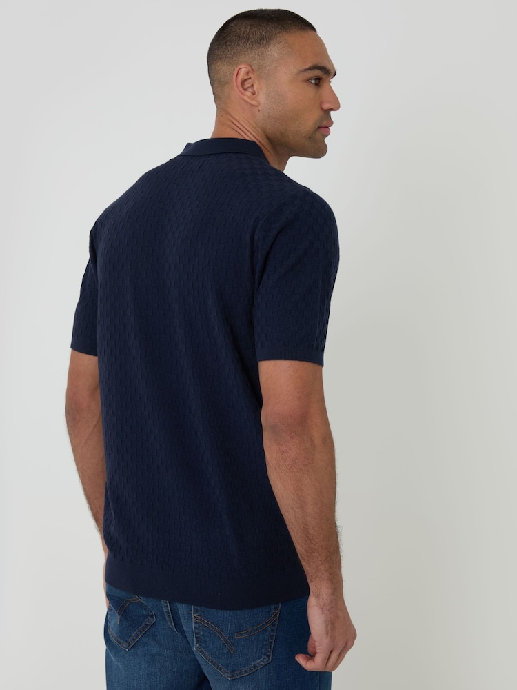 Threadbare Blue Basket Stitch Knitted Polo Shirt - Image 2 of 4