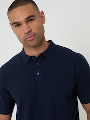 Threadbare Blue Basket Stitch Knitted Polo Shirt - Image 3 of 4
