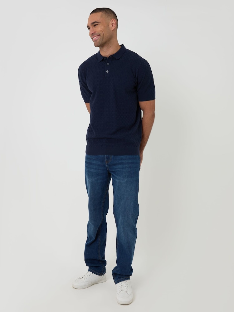 Threadbare Blue Basket Stitch Knitted Polo Shirt - Image 4 of 4
