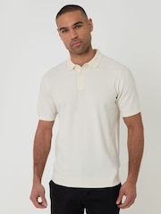 Threadbare Cream Basket Stitch Knitted Polo Shirt - Image 1 of 5