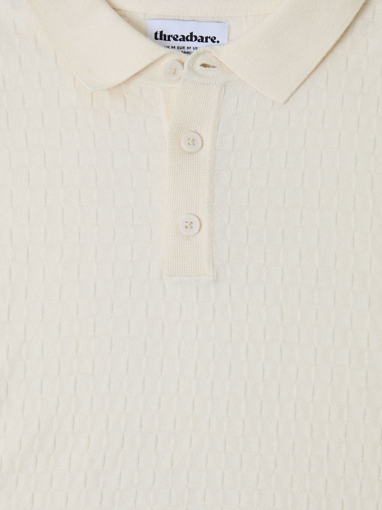 Threadbare Cream Basket Stitch Knitted Polo Shirt - Image 6 of 6