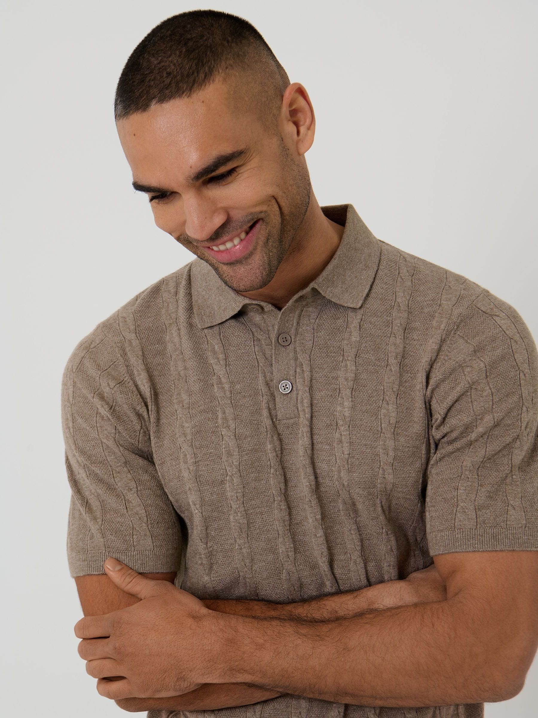 Buy Threadbare Brown Cable Stripe Knitted Button Polo Shirt from