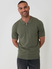 Verde - Threadbare Quarter Zip Knitted Polo Shirt - Imagen 1 de 5