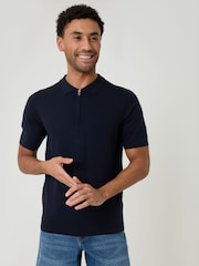 Threadbare Blue Quarter Zip Knitted Polo Shirt - Image 1 of 4