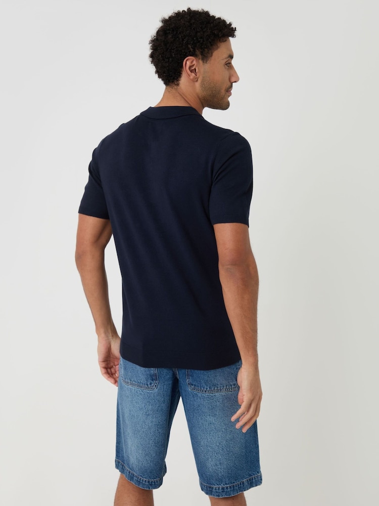 Threadbare Blue Quarter Zip Knitted Polo Shirt - Image 2 of 4