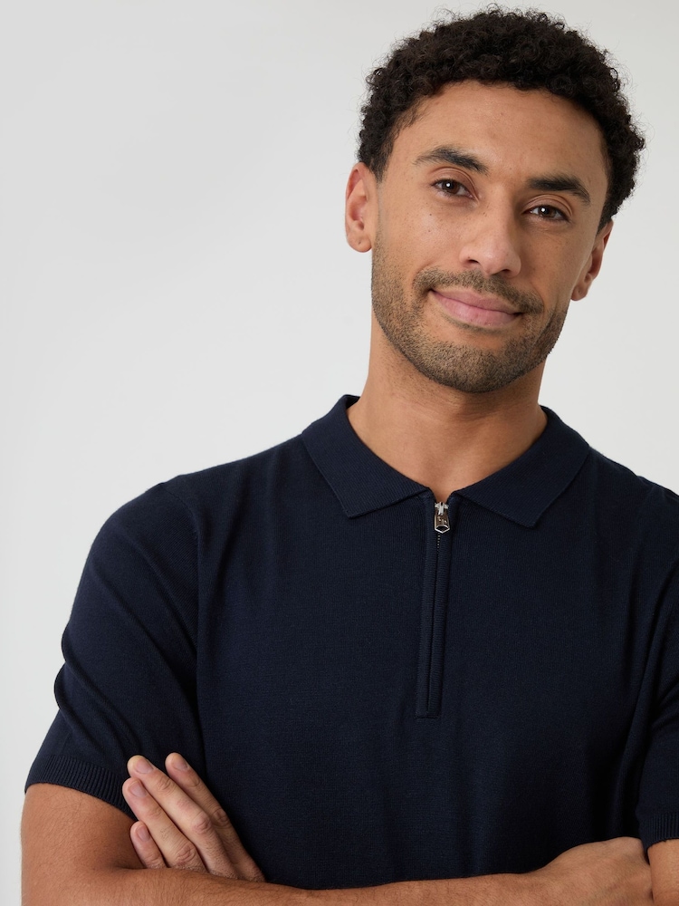 Threadbare Blue Quarter Zip Knitted Polo Shirt - Image 4 of 4