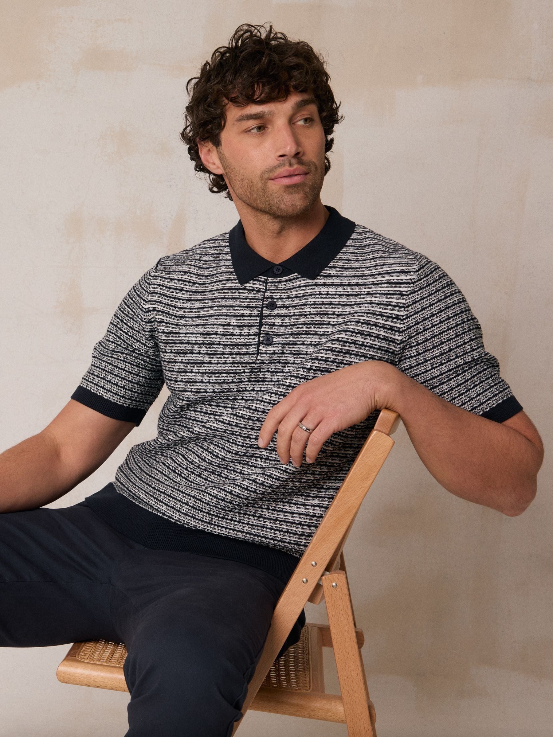 トップス ULTERIOR WIC MELANGE RIB DS KNIT Buy Threadbare Blue Textured Stripe Knitted Polo Shirt from Next