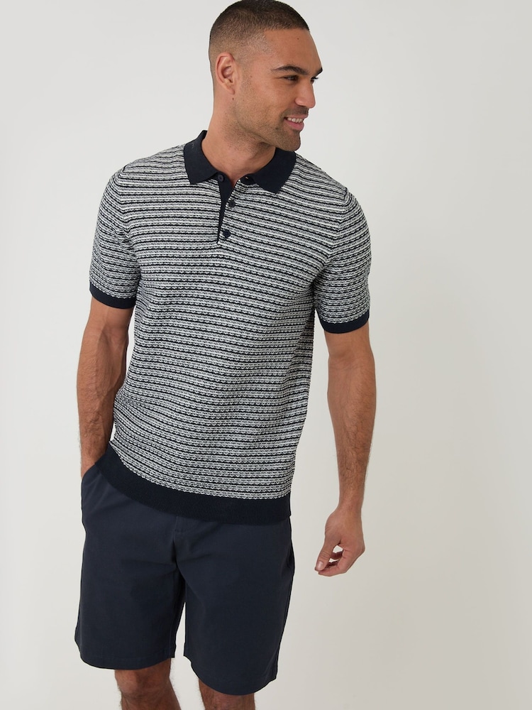 Threadbare Blue Textured Stripe Knitted Polo Shirt - Image 1 of 5