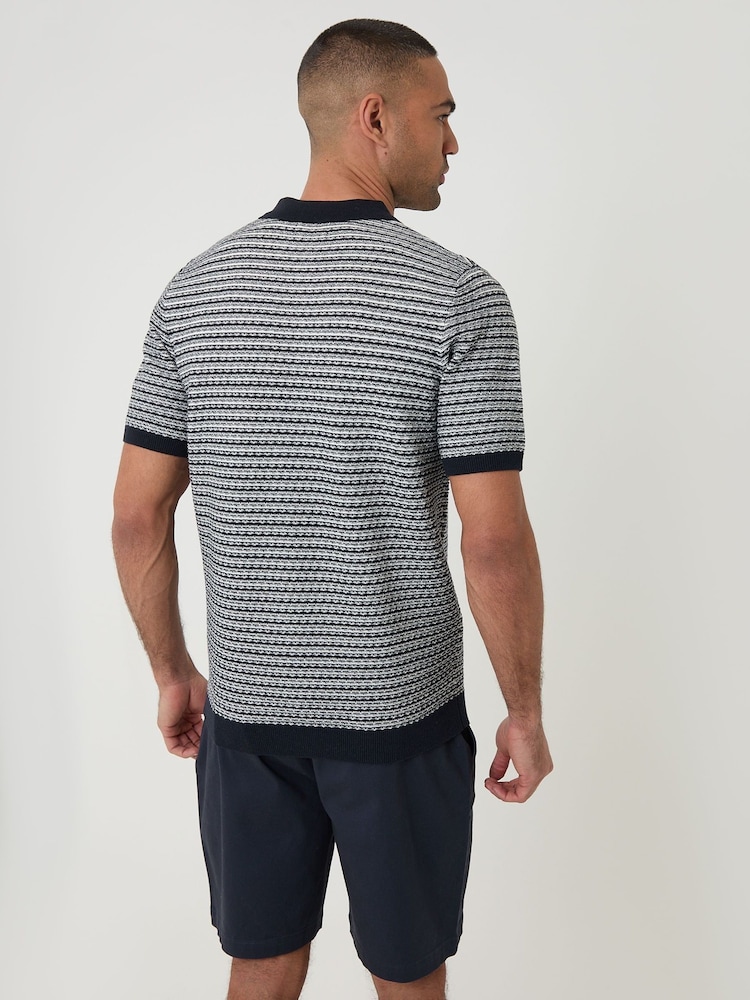 Threadbare Blue Textured Stripe Knitted Polo Shirt - Image 2 of 5