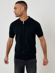 Threadbare Black Quarter Zip Knitted Polo Shirt - Image 1 of 5
