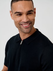 Threadbare Black Quarter Zip Knitted Polo Shirt - Image 4 of 5