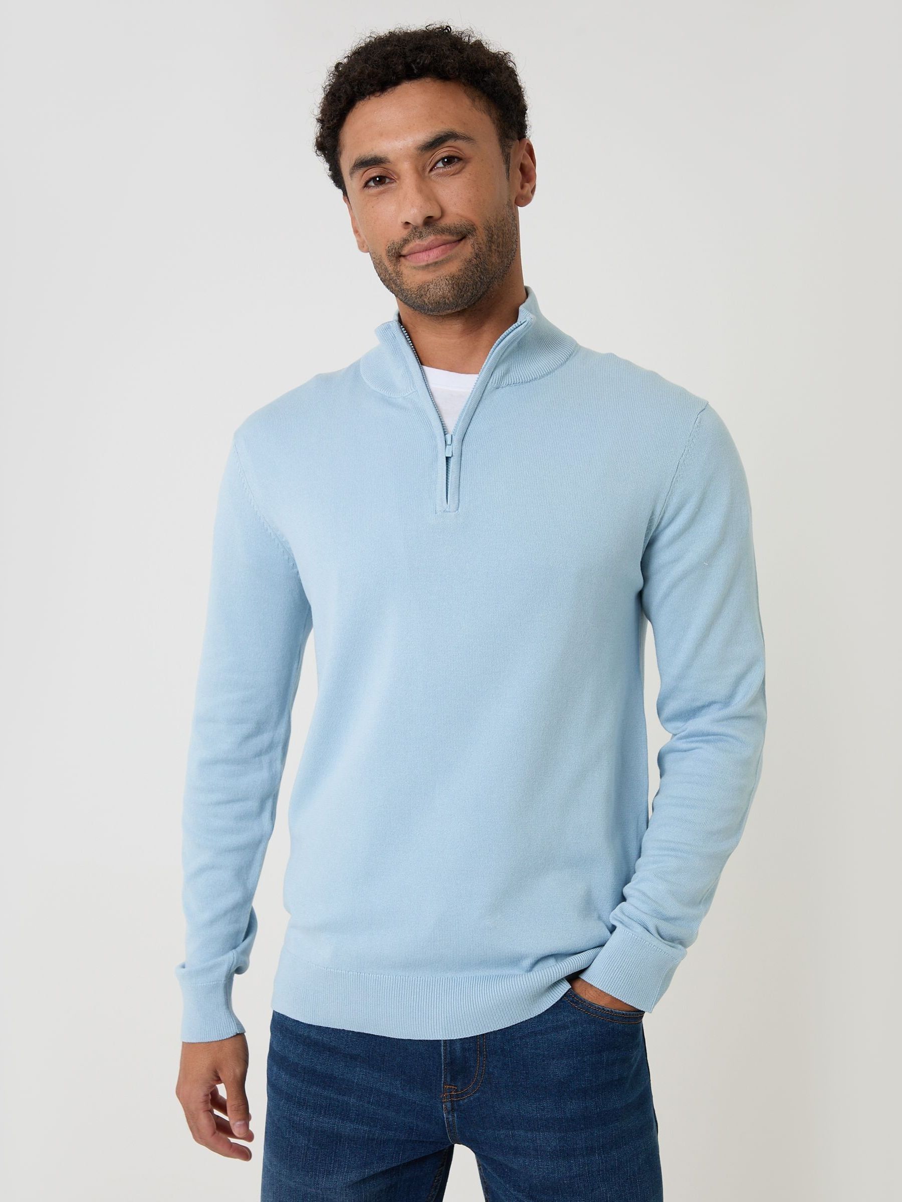 Threadbare Men's Blue Zip Neck Funnel Quarter Zip Knitted Jumper