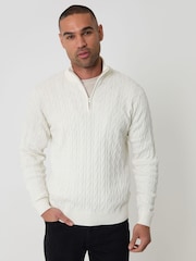 Threadbare Cream Cable Knit Quarter Zip Jumper - Image 1 of 5