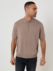 Threadbare Brown Relaxed Fit Knitted Quarter Zip Polo Shirt - Image 1 of 5
