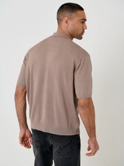Threadbare Brown Relaxed Fit Knitted Quarter Zip Polo Shirt - Image 2 of 5