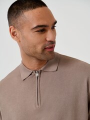 Threadbare Brown Relaxed Fit Knitted Quarter Zip Polo Shirt - Image 4 of 5