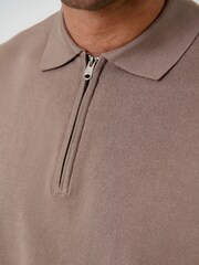 Threadbare Brown Relaxed Fit Knitted Quarter Zip Polo Shirt - Image 5 of 5