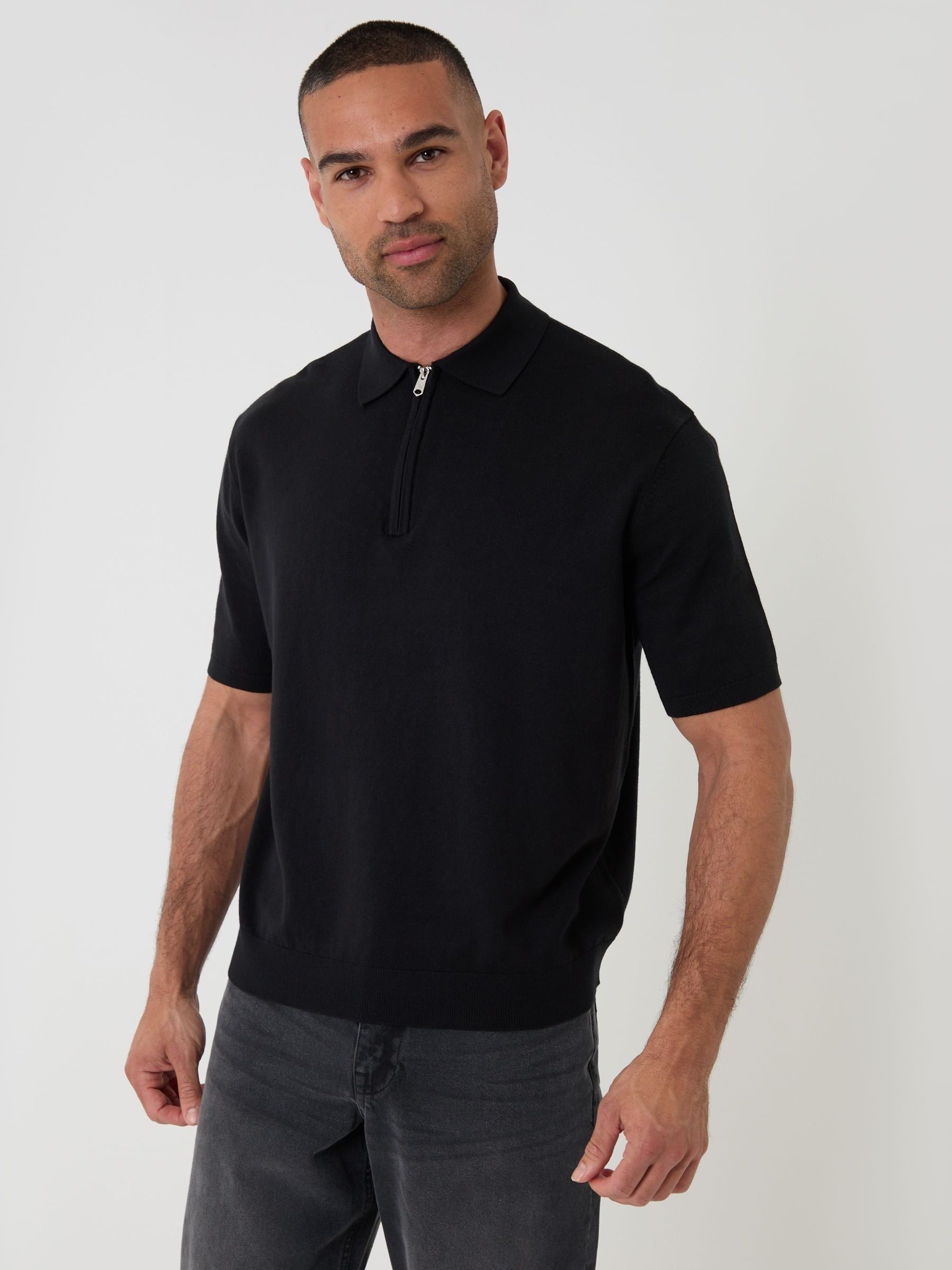 Buy Threadbare Black Relaxed Fit Knitted Quarter Zip Polo Shirt