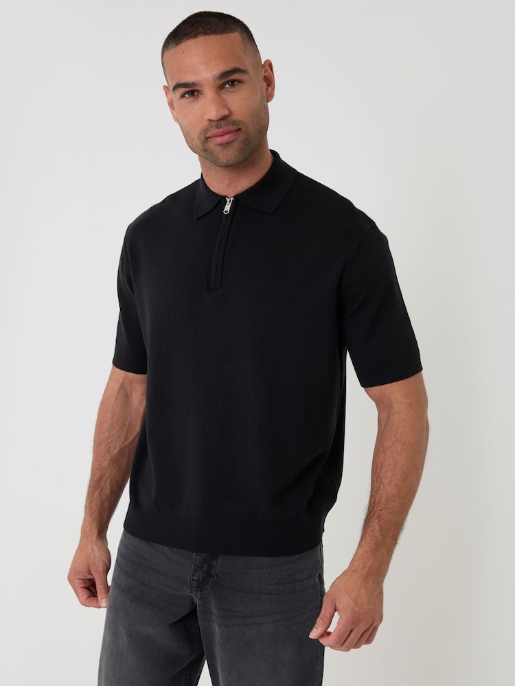 Threadbare Black Relaxed Fit Knitted Quarter Zip Polo Shirt - Image 1 of 5
