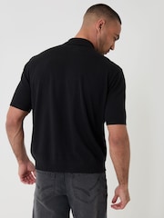 Threadbare Black Relaxed Fit Knitted Quarter Zip Polo Shirt - Image 2 of 5