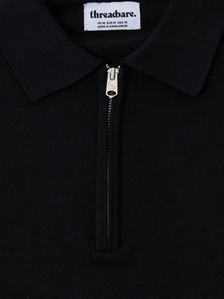 Threadbare Black Relaxed Fit Knitted Quarter Zip Polo Shirt - Image 5 of 5