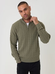 Threadbare Green Cable Knit Quarter Zip Jumper - Image 1 of 5