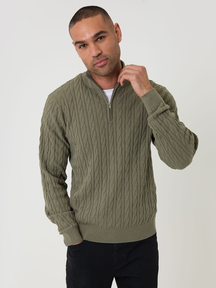 Threadbare Green Cable Knit Quarter Zip Jumper - Image 1 of 5