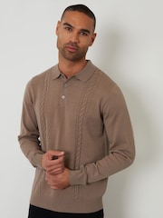 Threadbare Brown Cable Knit Long Sleeve Polo Jumper - Image 1 of 4