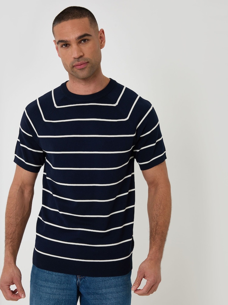 Threadbare Blue Textured Stripe Knitted T-Shirt - Image 1 of 4