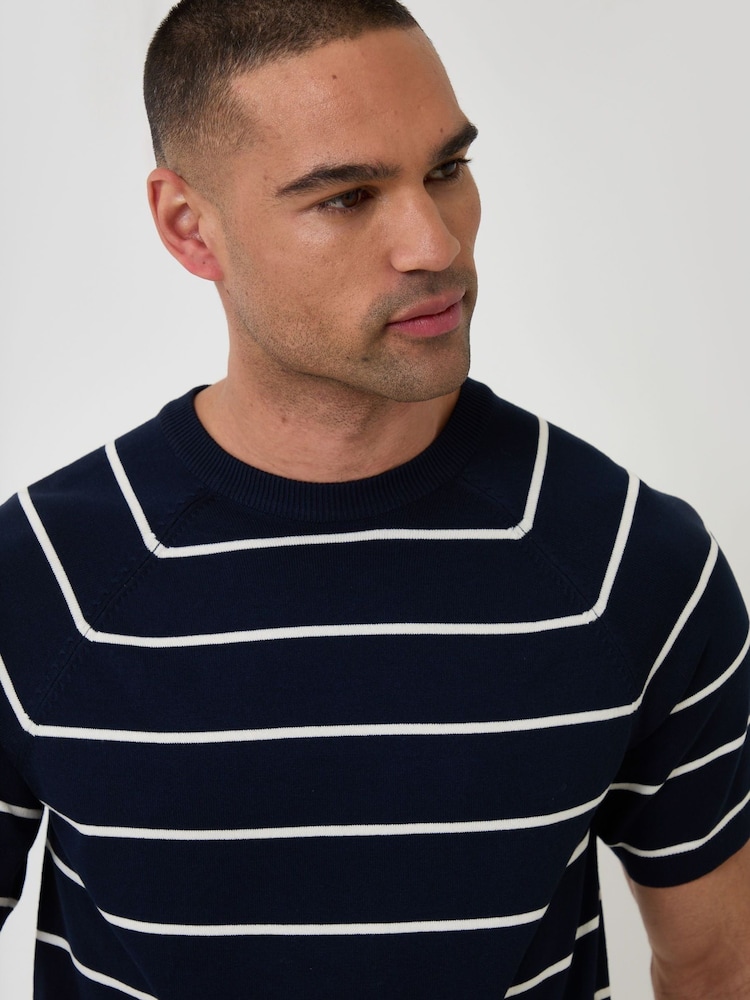Threadbare Blue Textured Stripe Knitted T-Shirt - Image 4 of 4