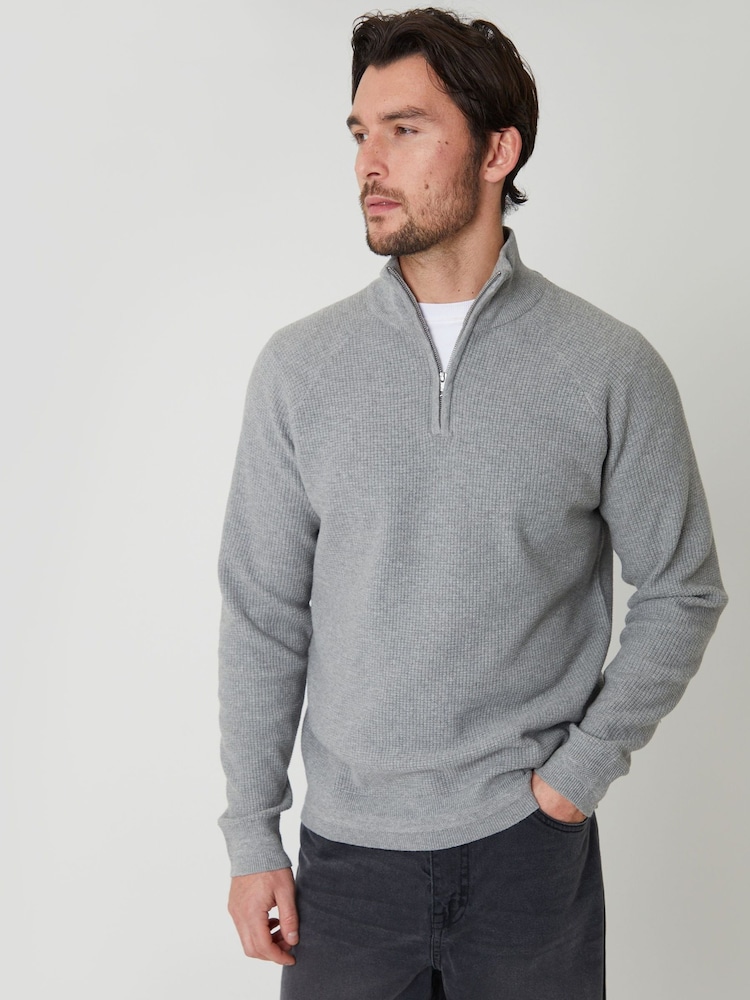 Threadbare Grey Waffle Knit Raglan Quarter Zip Jumper - Image 1 of 5