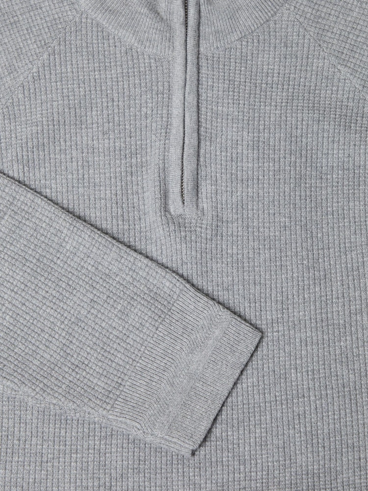 Threadbare Grey Waffle Knit Raglan Quarter Zip Jumper - Image 5 of 5