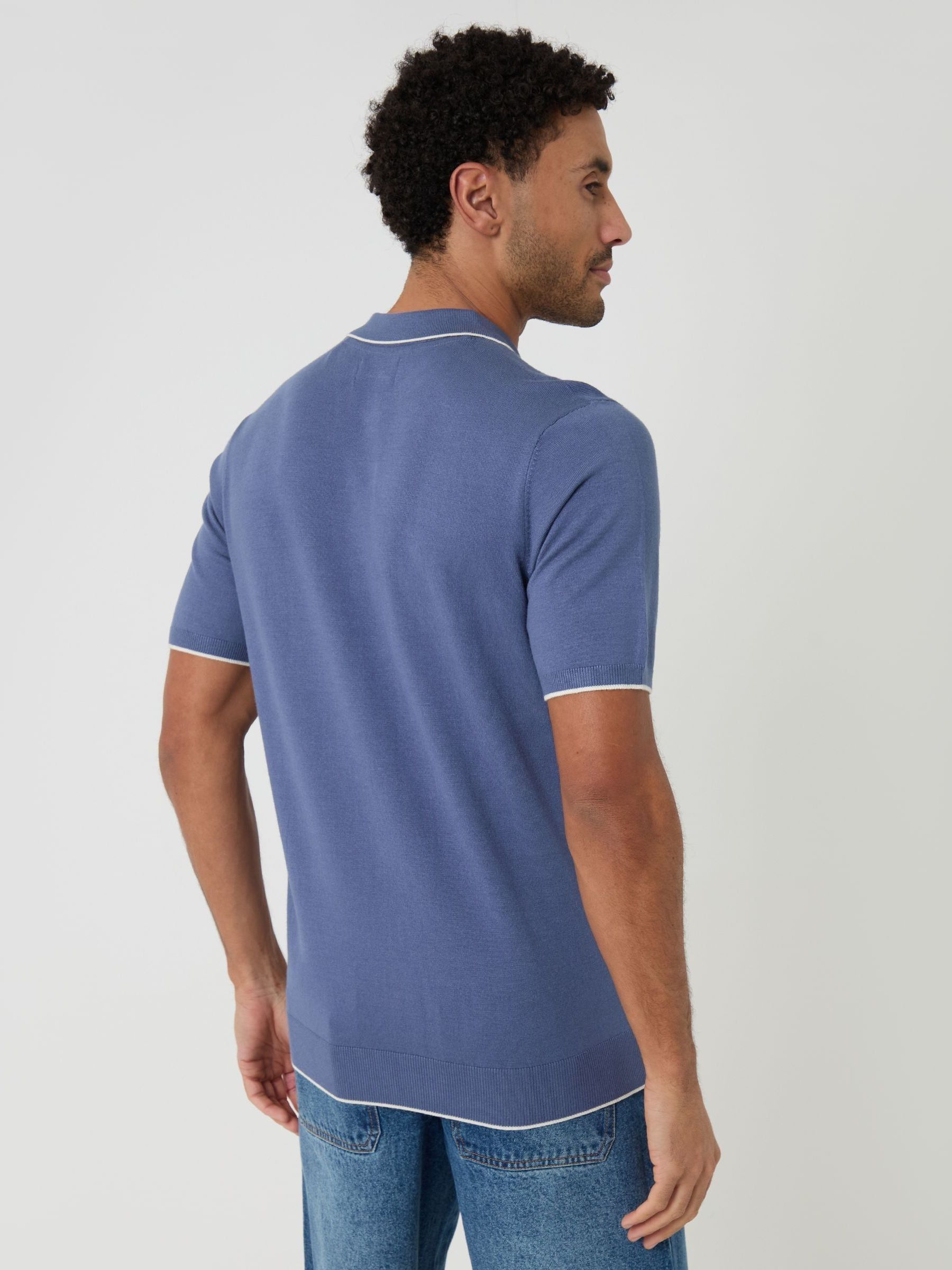 Buy Threadbare Blue Knitted Quarter Zip Polo Shirt With Contrast