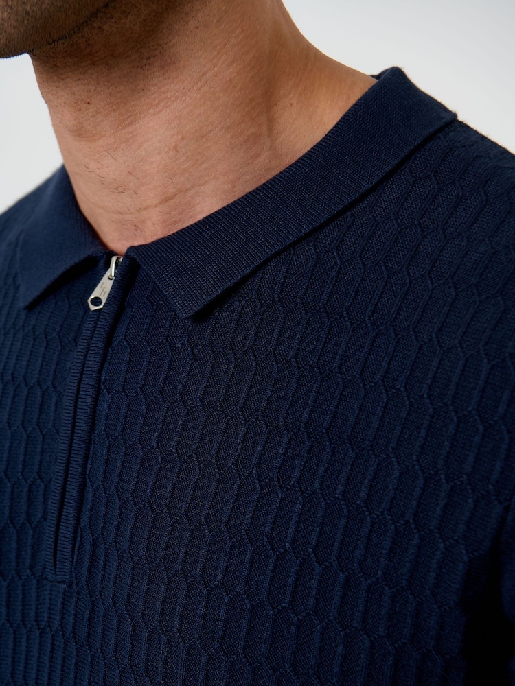 Azul - Threadbare Textured Knit Quarter Zip Polo Shirt - Imagen 5 de 5