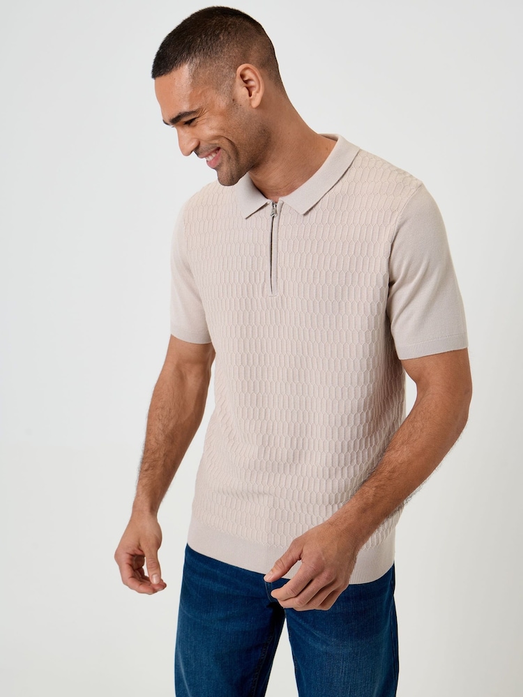 Marrón - Threadbare Textured Knit Quarter Zip Polo Shirt - Imagen 1 de 5