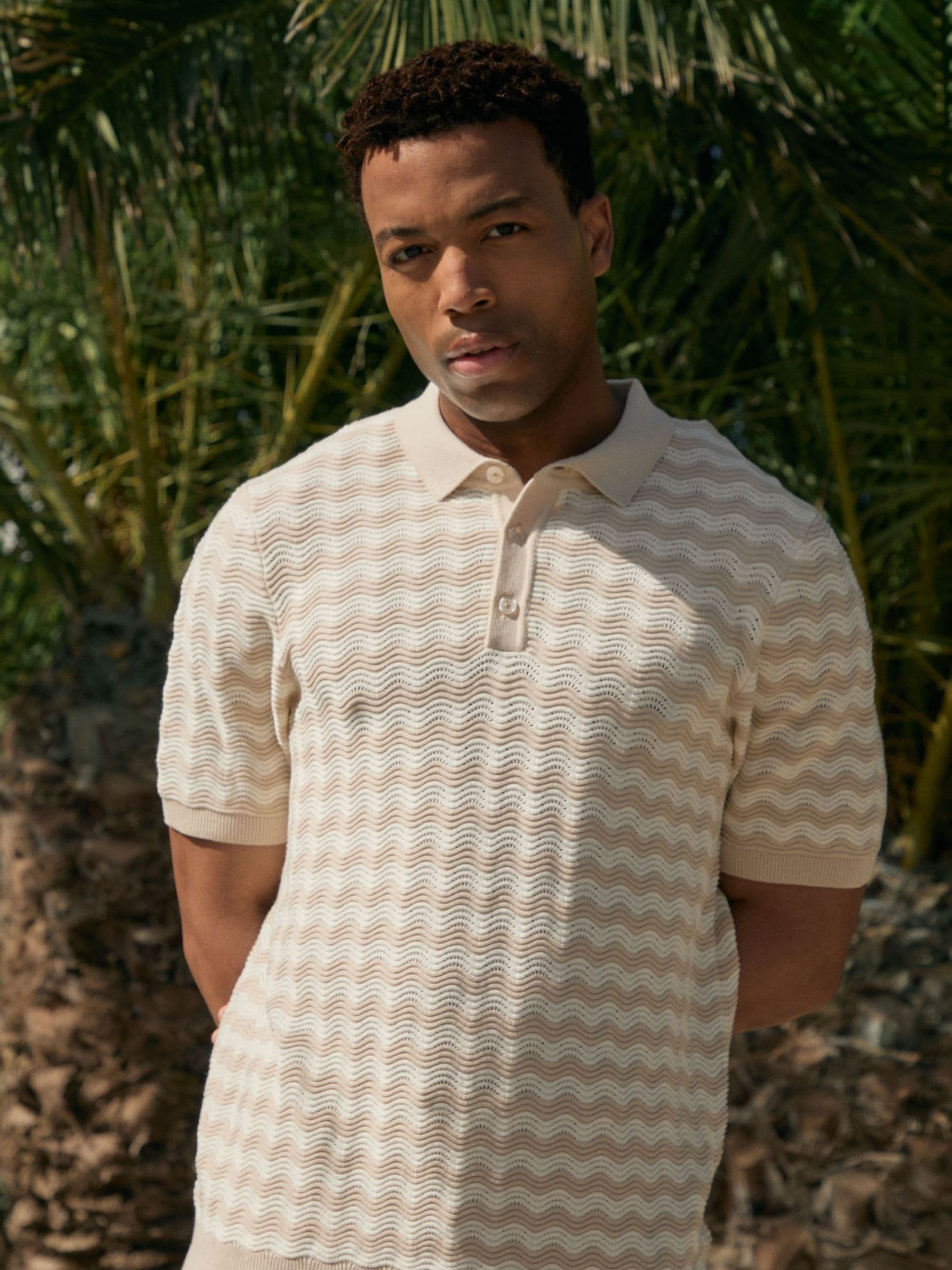 Buy Threadbare Natural Wavy Stripe Textured Knitted Polo Shirt